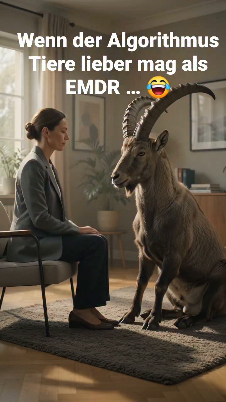 Wenn der Algorithmus Tiere lieber mag als EMDR … bekommt er eben beides. ?

Keine Sorge: In meiner Praxis müssen Steinböcke normalerweise nicht den Fingerbewegungen folgen. ?

Aber hinter dem kleinen Spaß steckt durchaus etwas, das mir wichtig ist:

