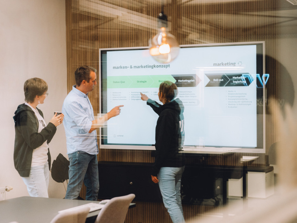 Werbewind-Team bei einer gemeinsamen Projektbesprechung am digitalen Whiteboard 